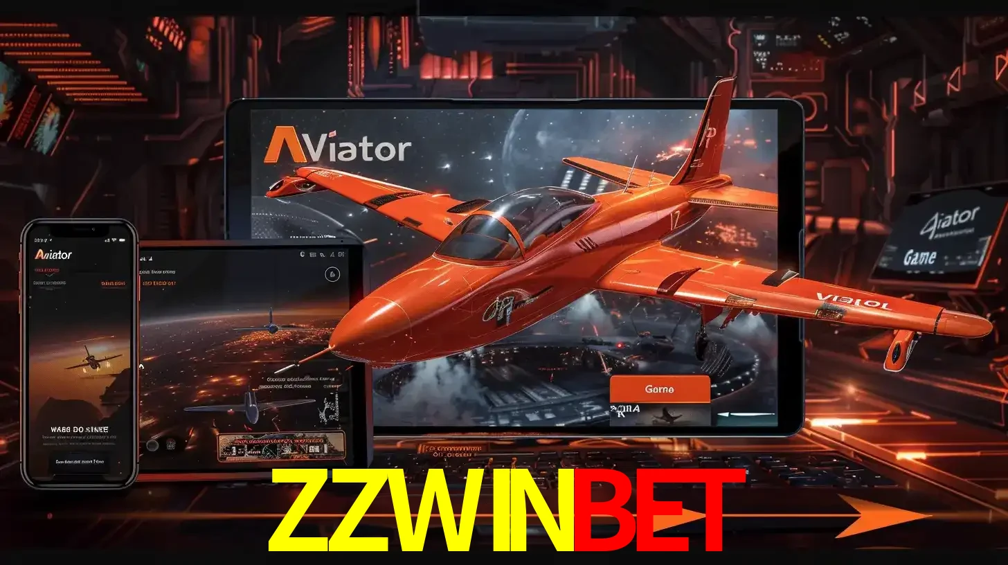 Apresentação tecnológica do jogo Aviator com um avião saindo da tela de um tablet, demonstrando a experiência imersiva em múltiplos dispositivos no ZZWINBET.