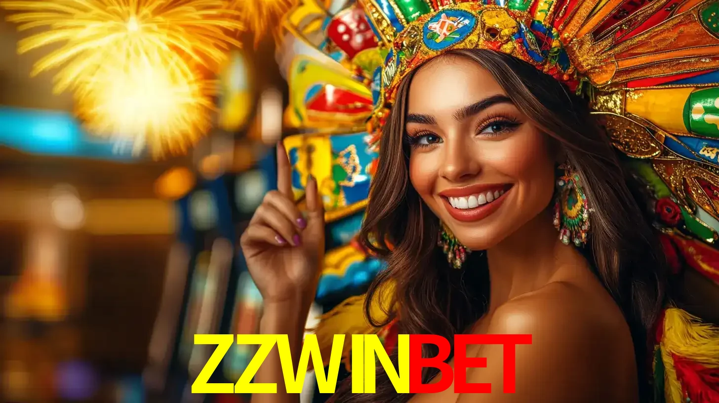 Mulher sorridente com um cocar de carnaval vibrante e colorido, celebrando uma grande vitória nos jogos do cassino ZZWINBET com fogos de artifício ao fundo.