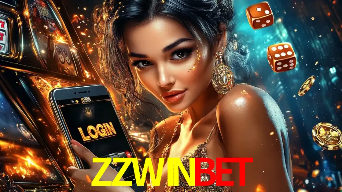 Mulher glamourosa segurando um celular com a tela de login do cassino ZZWINBET, rodeada por dados e moedas douradas, pronta para começar a diversão.