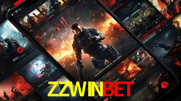 Tela de um celular exibindo uma galeria de jogos de tiro com temática militar, mostrando a variedade de e-sports disponíveis para apostas na plataforma de entretenimento ZZWINBET.