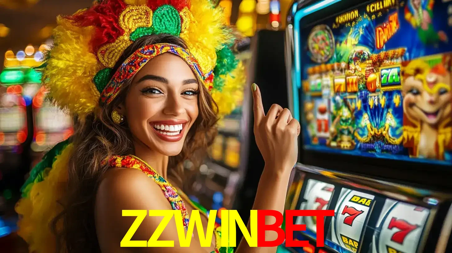 Mulher animada com um cocar de carnaval apontando para uma máquina de caça-níqueis, mostrando a emoção de ganhar um grande prêmio nos jogos do ZZWINBET.
