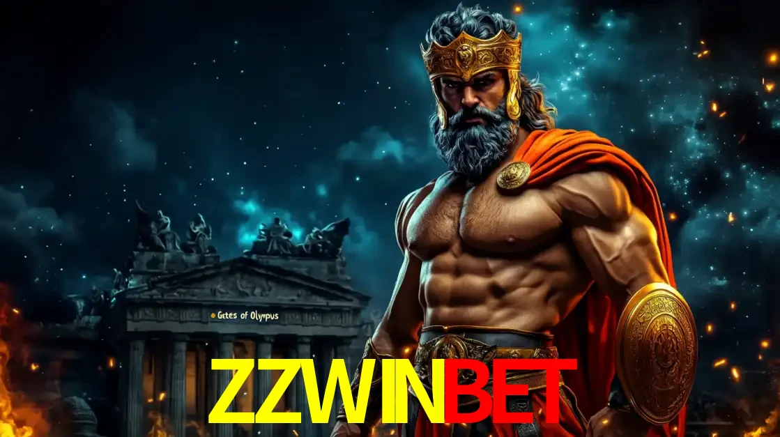 O poderoso Zeus do jogo de slot Gates of Olympus em frente ao seu templo, pronto para lançar multiplicadores divinos e prêmios épicos no cassino online ZZWINBET.