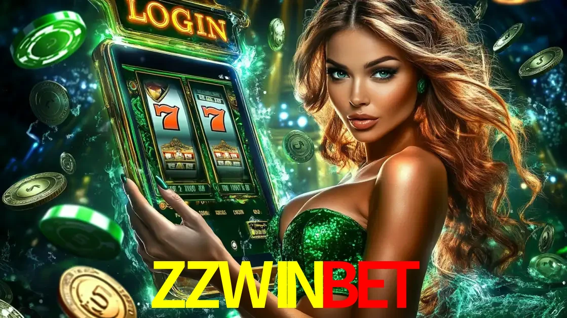 Mulher com tema verde apresentando o aplicativo do cassino ZZWINBET com um jogo de slot de 777, cercada por fichas de cassino e uma aura de sorte.