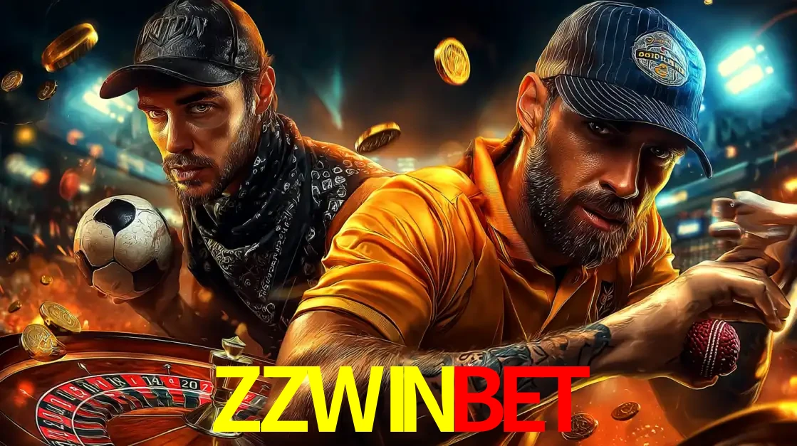 Montagem de apostas esportivas e cassino no ZZWINBET, com um homem segurando uma bola de futebol e outro uma de beisebol sobre uma roleta e moedas voadoras.