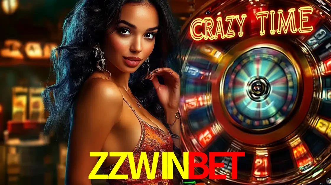 Mulher elegante ao lado da vibrante roda da fortuna do jogo de cassino ao vivo Crazy Time, um dos game shows mais populares e cheios de prêmios do ZZWINBET.