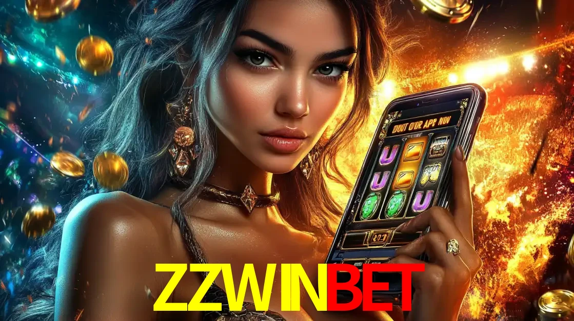 Mulher elegante mostrando um jogo de caça-níqueis em seu smartphone, destacando a experiência de cassino móvel oferecida pelo aplicativo ZZWINBET.