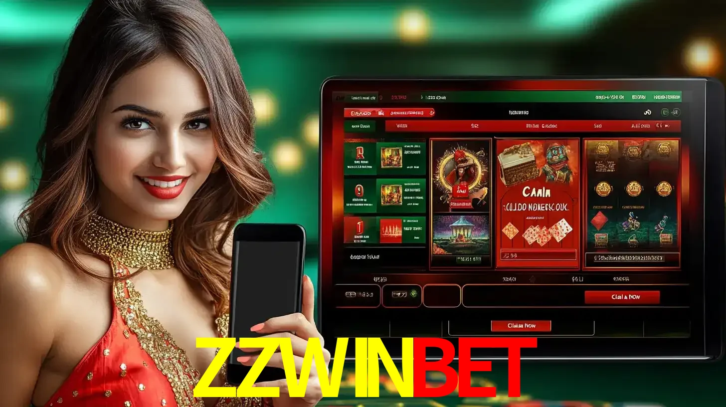 Mulher sorridente segurando um smartphone, ao lado de uma tela exibindo o lobby de jogos do cassino online ZZWINBET, com várias opções de jogos de cartas e slots.